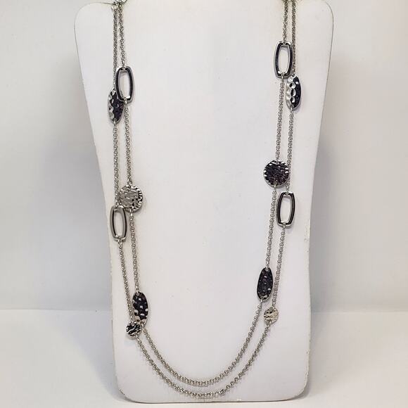Multi Chain Hammered Disc Silver Tone Long Chain Necklace Layered Casual Jewelry - Picture 1 of 4